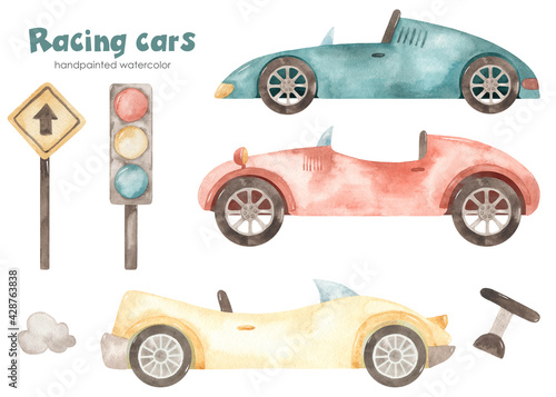 Watercolor children's set with racing cars, traffic light, pointer, steering wheel, boy photo