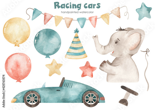 Watercolor kids set with racing car, elephant, balloons, flags, cap, stars, steering wheel for children's birthday