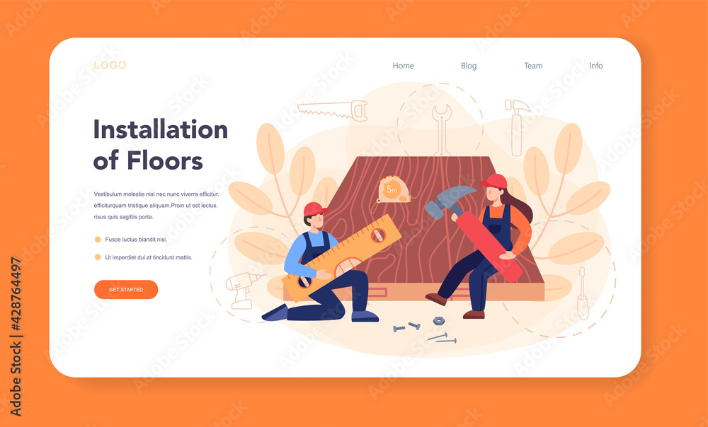 Flooring installer web banner or landing page. Professional parquet laying Flooring installer web banner or landing page. Professional parquet laying