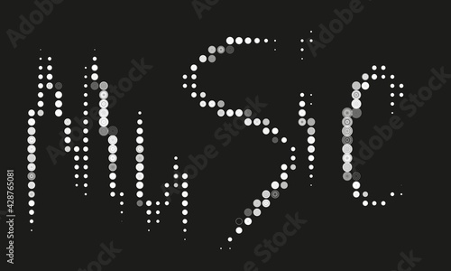 Music - hand written text by white round dots and small discs on graphite background. Minimal old cartoon monochromatic style. Great as design element, banner, stylized title, print or part of cover.