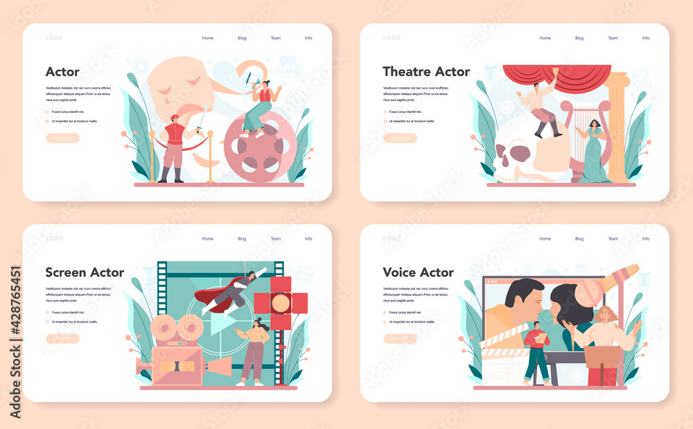 Actor and actress web banner or landing page set. Theatrical performer