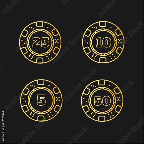 Poker chips  gold  vector icons set. Isolated on black Background. Casino Emblems and Labels, Bright Neon Sign, Poker. Vector illustration	
