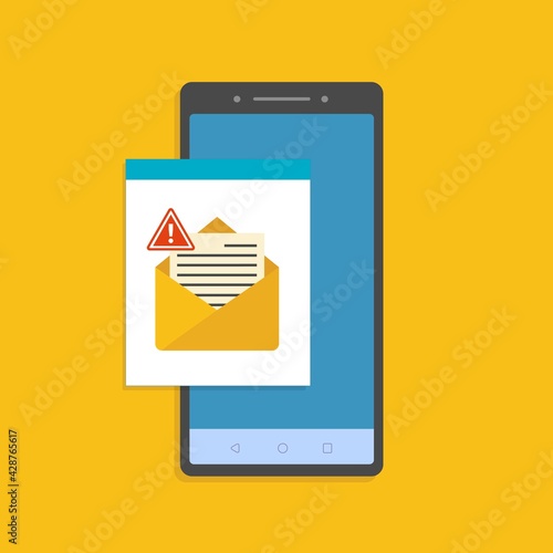 Cartoon smart phone with alert notice on email. Flat simple trend modern logotype graphic design.