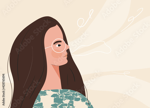 Deep breath of young woman concept Beautiful girl practicing yoga breathing meditation feels calmness. Modern hand-drawn vector illustration by female beauty and mental femininity, feminism