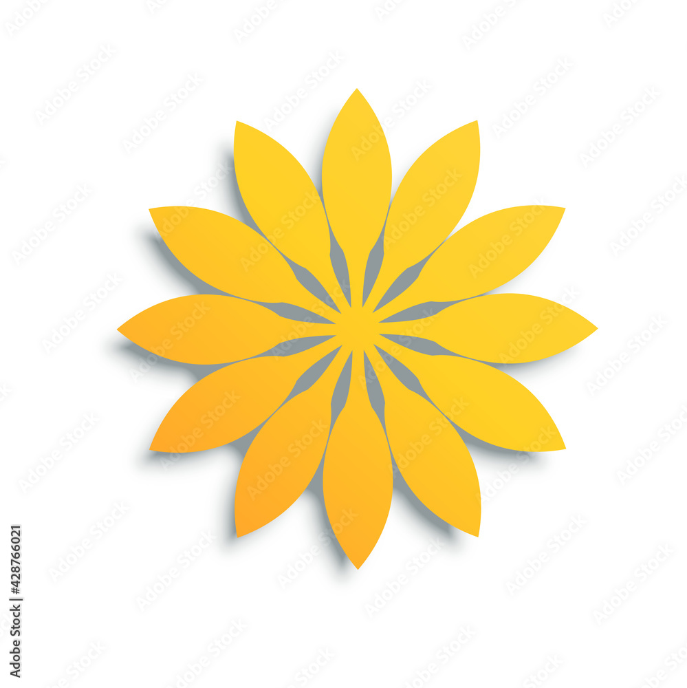Yellow dandelion origami blooming flower on white