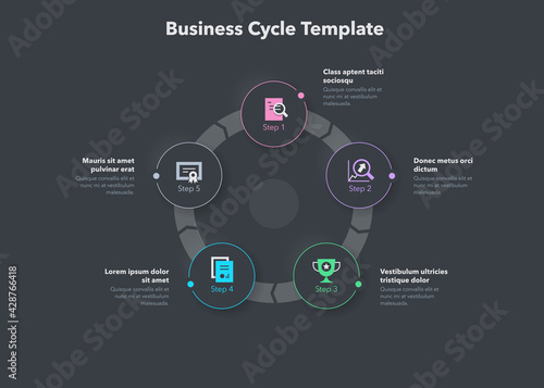 Simple concept for business cycle diagram with five steps and place for your description - dark version. Flat infographic design template for website or presentation.