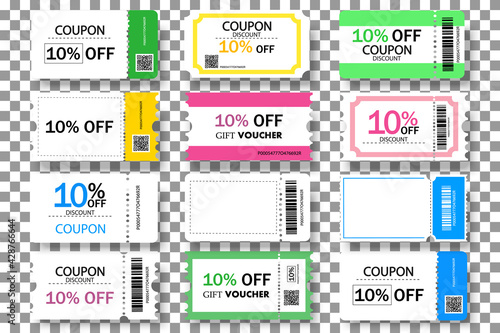 Set of coupon ,ticket card,gift vouchers.Coupon Card element template for graphics design.Gift vouchers of promotion sale 10 percent discount.Vector colorful templates on transparent background