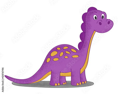 Cute purple diplodocus with orange spots with trendy grain textured shadow. Vector Grain style illustration.
