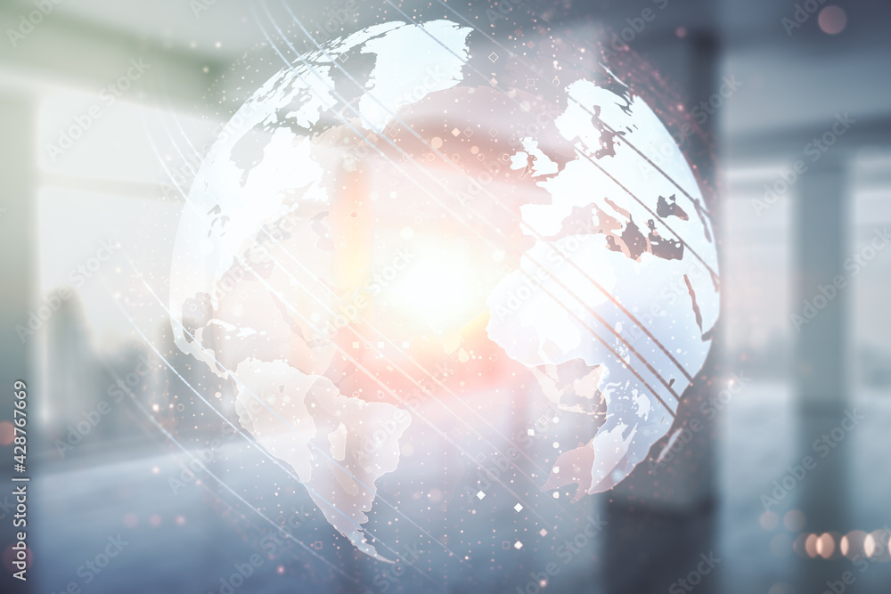 Multi exposure of abstract creative digital world map hologram on empty corporate office background, tourism and traveling concept Multi exposure of abstract creative digital world map hologram on empty corporate office background, tourism and traveling concept