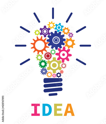 Lightbulb shaped gears with idea text illustration. Colorful idea concept vector graphic to use in business, science, brainstorm, marketing, innovation web projects and presentations.