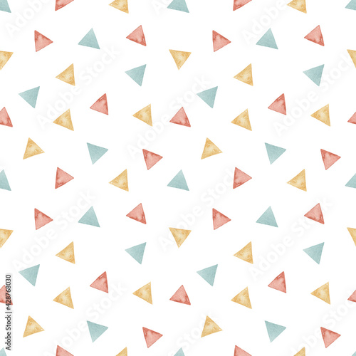 Watercolor seamless pattern with multidirectional colored triangles on a white background