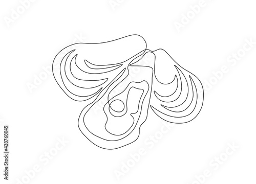 Hand drawn oysters in one line art style. Seafood restaurant icon, continuous line drawing of fresh oysters. Vector illustration