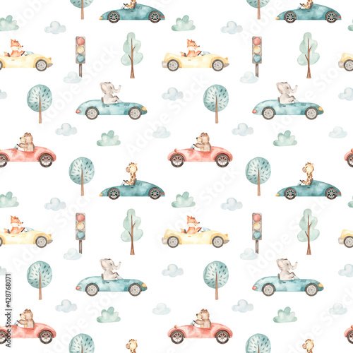 Watercolor seamless pattern with racing cars, animals in cars, trees, clouds, traffic light on a white background