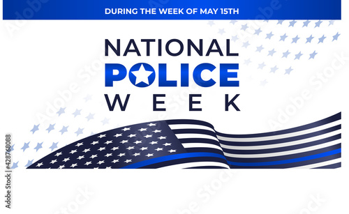 National police week. Vector web banner, social media, poster, card, flyer. Text National police week, During the week of may 15th. Illustration, background with a US police flag on white background.