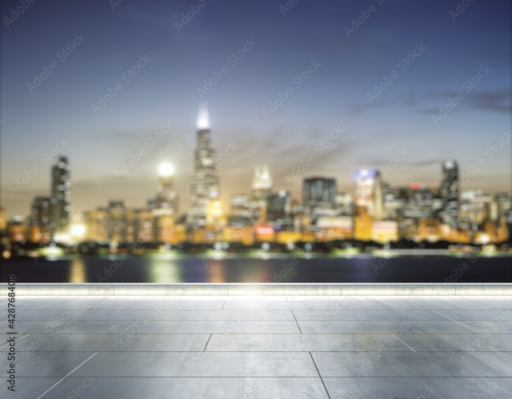 Empty concrete embankment on the background of beautiful blurry Chicago skyline at night, mockup