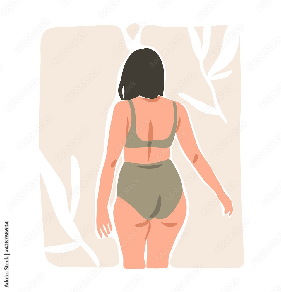 Hand drawn vector abstract stock flat graphic contemporary aesthetic fashion illustration with bohemian,beautiful modern plus size female in simple trendy minimal style isolated on pastel background