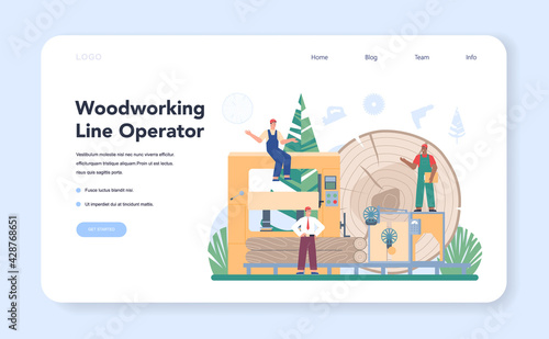 Wood industry web banner or landing page. Woodworking line operator