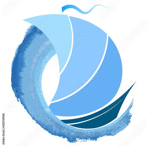 Swift ship with inflated sail floats on blue wave design