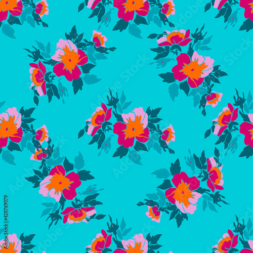 Drawing branches with flowers roses, bloom in pink colors, floral seamless pattern, nature abstract background vector.Line art botanical illustration graphic design print. Trendy blue bright wallpaper