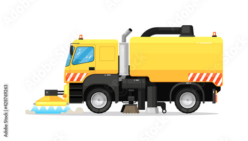 Modern city street sweeper truck washing asphalt isolated