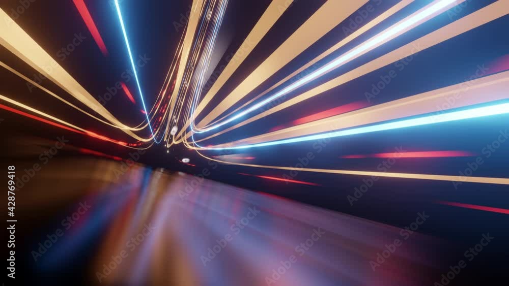 Digital stream of data travelling on high speed through curved glowing network lines in the night. Modern technology background abstract animation concept