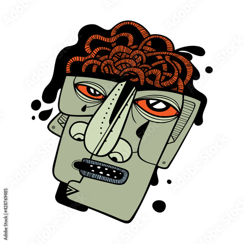 Stressed man's face with a boiling brain. Stress, headache, information overload, psychological burnout. Vector.