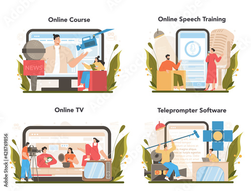 TV presenter online service or platform set. Television host in a studio
