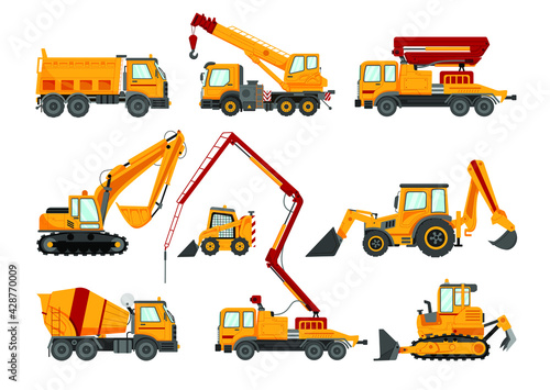 Large icon set of construction equipment. Special vehicles. Building work. Forklifts, cranes, excavators, tractors, bulldozers, trucks, cars, concrete mixer. Engineering machinery vector illustration.