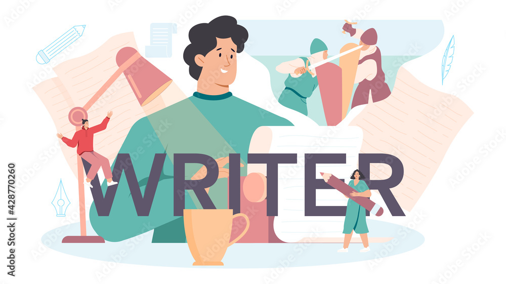 Professional writer typographic header. Author writing script of a novel. Professional writer typographic header. Author writing script of a novel.
