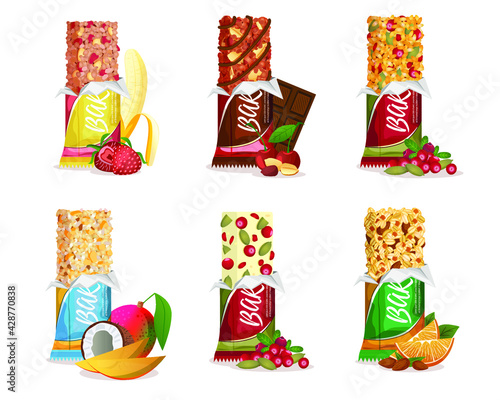 Set of organic muesli bars with various tastes of fruits, berries and nuts. Natural protein for healthy lifestyle. Orange, cranberry, strawberry, cherry, mango and banana flavours. Vector illustration