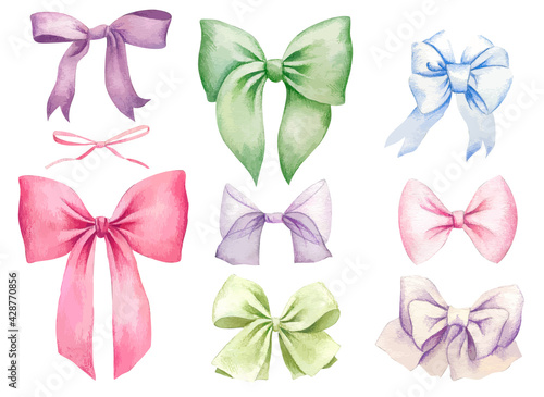 Set of pastel colored bows, hand drawn