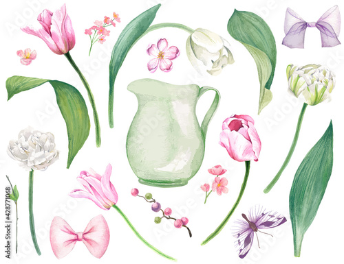 Lush pink and white tulips, leaves, tiny flowers