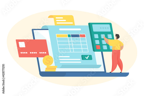 Budget planning flat vector illustration. Tiny male cartoon character standing on huge laptop and calculating budget. Financial management. Personal savings control
