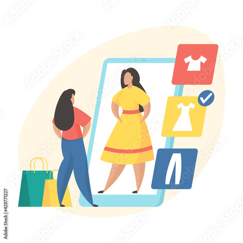 Virtual fitting room application concept. Woman trying clothes in web application. Female character chooses dress from online store and virtually dresses. Flat vector illustration