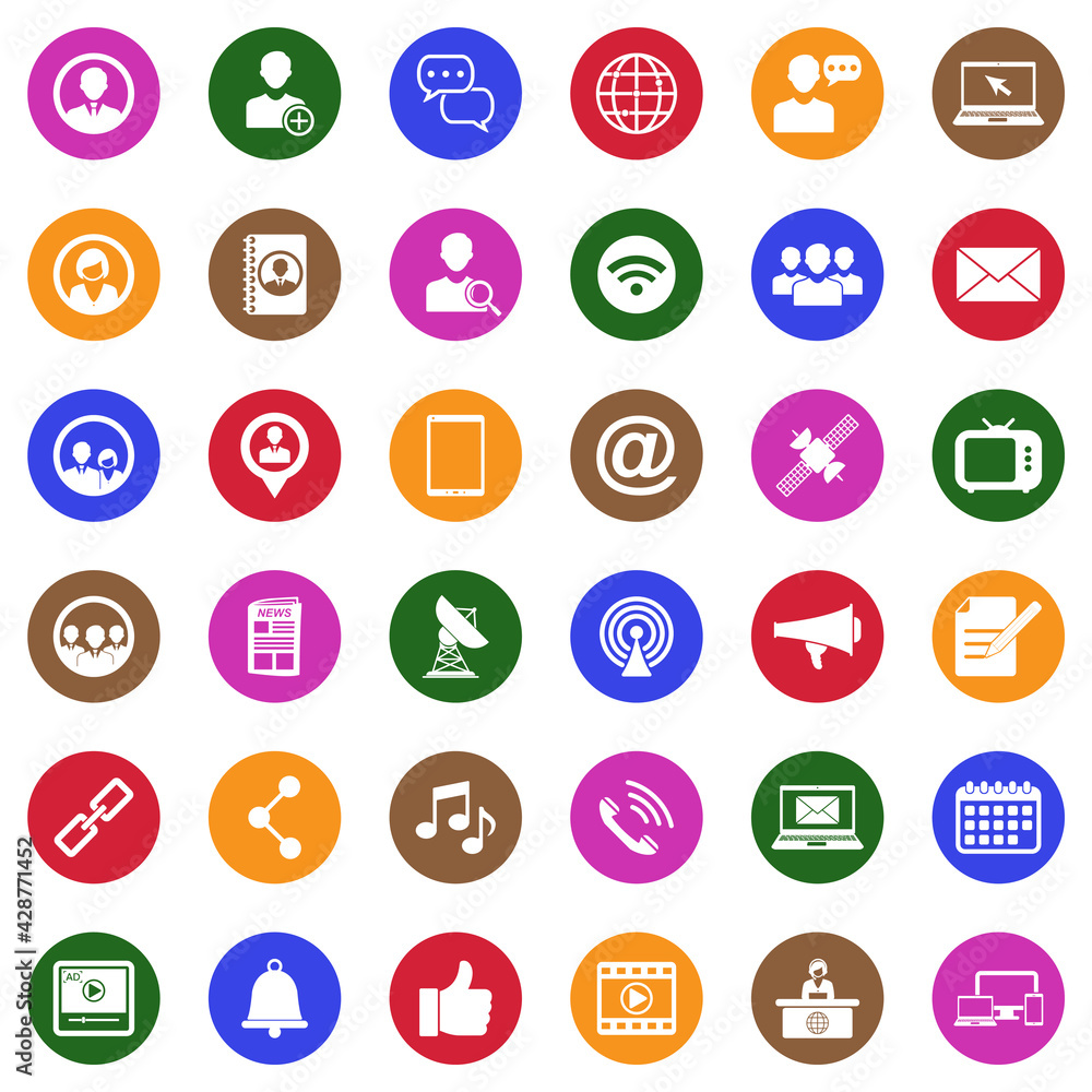 Media And Communication Icons. White Flat Design In Circle. Vector Illustration. Media And Communication Icons. White Flat Design In Circle. Vector Illustration.