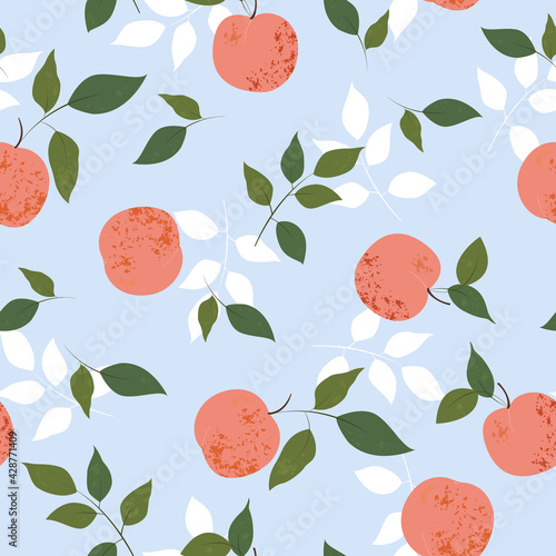 Peaches seamless pattern with leaves in modern hand drawn style on a blue background. Vector stock illustration