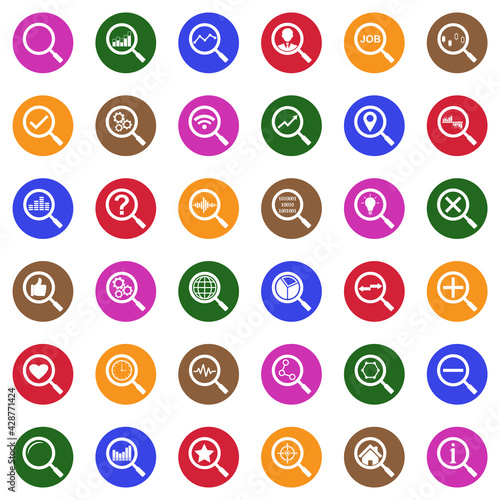 Magnifier Icons. White Flat Design In Circle. Vector Illustration.