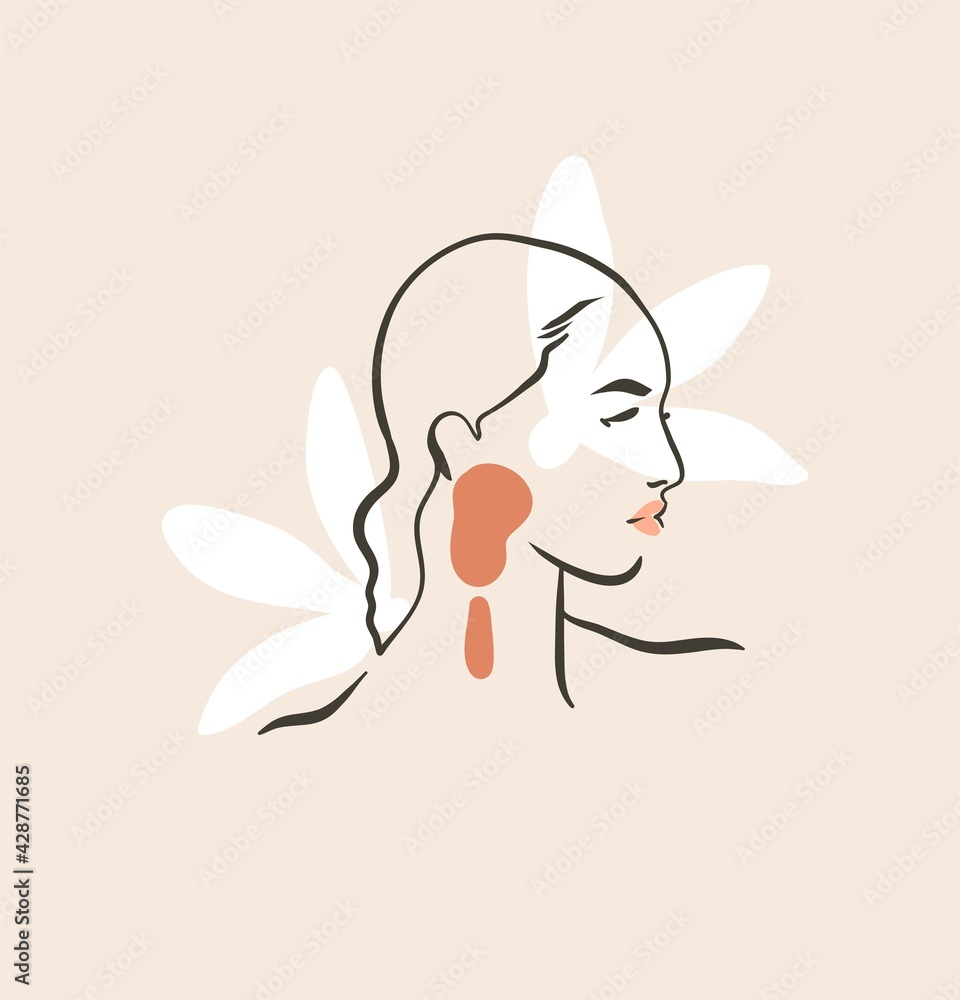 Hand drawn vector abstract stock flat graphic contemporary line art,aesthetic fashion illustration with bohemian,beautiful modern female portrait in simple trendy style isolated on pastel background Hand drawn vector abstract stock flat graphic contemporary line art,aesthetic fashion illustration with bohemian,beautiful modern female portrait in simple trendy style isolated on pastel background