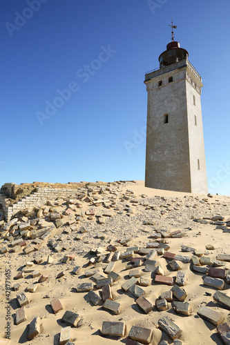 Bricks in the foreground, Lighthouse, Denmark, Rubjerg Knude, original location of the lighthouse, lost place, Bricks