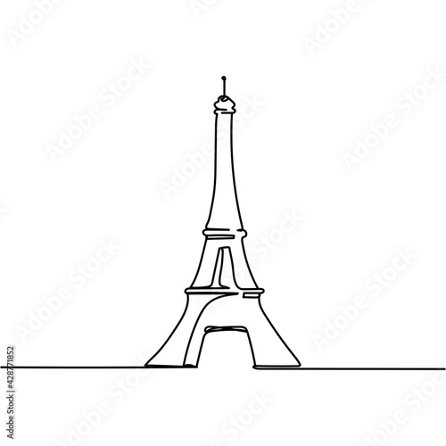 Continuous one line of Eiffel tower in silhouette. Minimal style. Perfect for cards, party invitations, posters, stickers, clothing. Black abstract icon.