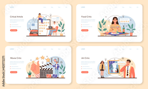 Professional critic web banner or landing page set. Journalist making review