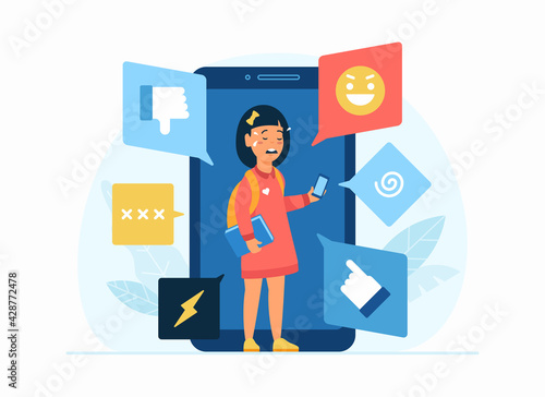 Cyberbullying in social network. Flat vector concept illustration. Cartoon character little depressed teenage girl uses smartphone social apps and crying. Bullying, trolling, internet harassement