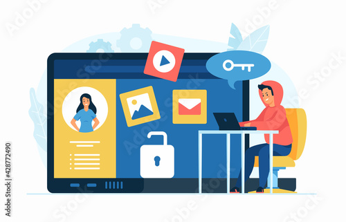 Privacy violation. Doxing concept flat vector illustration. Male cartoon character hacker gathering personal information in social network. Internet harassment. Publication of personal sensitive data