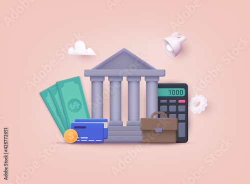 Banking, purchasing and transaction, electronic funds transfers and bank wire transfer. 3D Vector Illustrations.