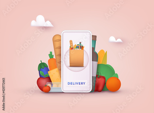 Online grocery shopping. Delivery service. Online ordering of food, grocery delivery, e-commerce. 3D Vector Illustrations.