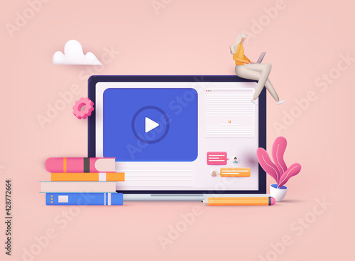 Online education on website. Application learning. Computer with open pages. 3D Vector Illustrations.