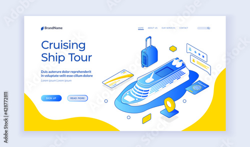 Cruising ship tour. Vector isometric design of Ilanding page template offering information about cruising ship tour with tourist icons. Isometric web banner, landing page template