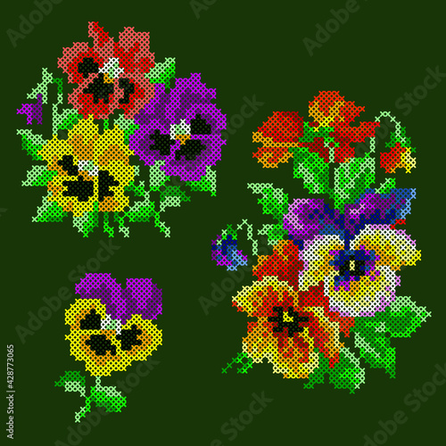 vector art cross stitch pansies