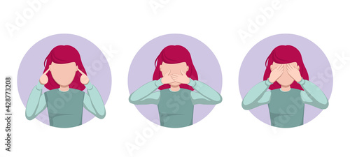 icon set girl covers her ears, mouth and eyes with her hands. Rumors, I don't see, I don't hear, I don't say anything