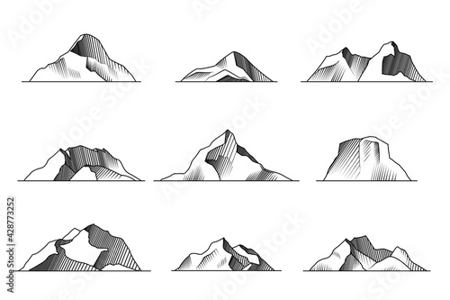 A set of elements of mountains and mountain peaks, vector stroke logos Isolated on a white background.